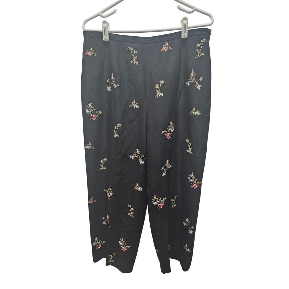 Talbots Black Silk Embroidered Ankle Pants Women Size 14 Floral Tropical Resort
